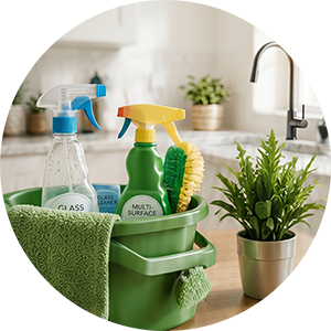 A circular cropped image showing household cleaning supplies in a green plastic bucket on a wooden counter. Inside the bucket are a clear glass cleaner spray bottle, a green multi-surface spray bottle, a scrub brush, and a green microfiber cloth. A small potted green plant sits to the right, with a blurred kitchen sink and faucet in the background.